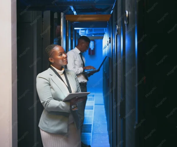 woman-tablet-team-with-inspection-server-room